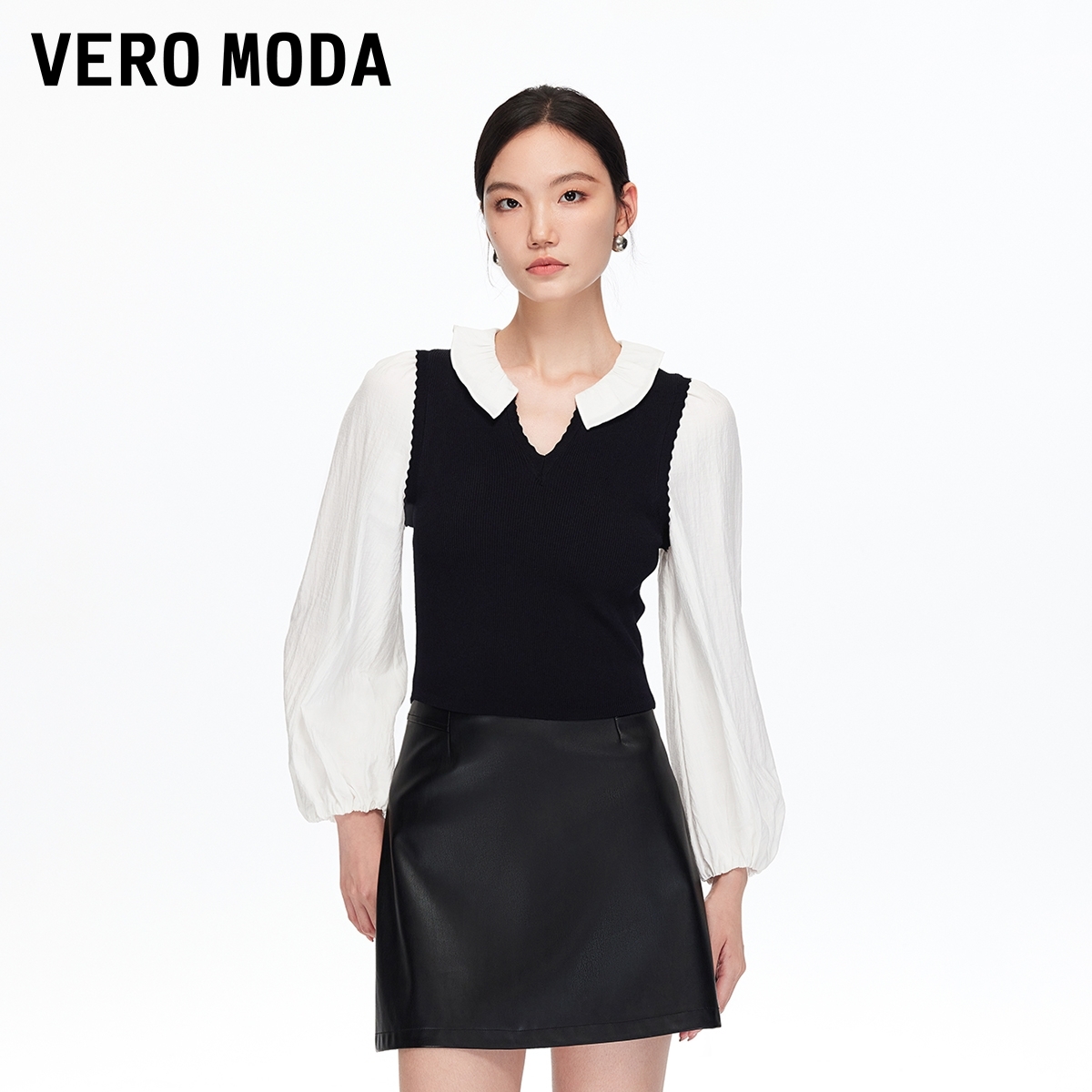 Vero Moda针织衫25新款假两件撞色V领七分袖上衣流光风325358003