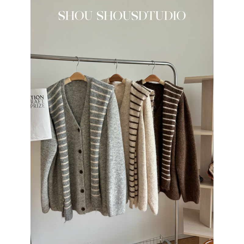 【夏夏】大码羊驼毛氛围百搭宽松套头毛衣+条纹披肩套装S02147