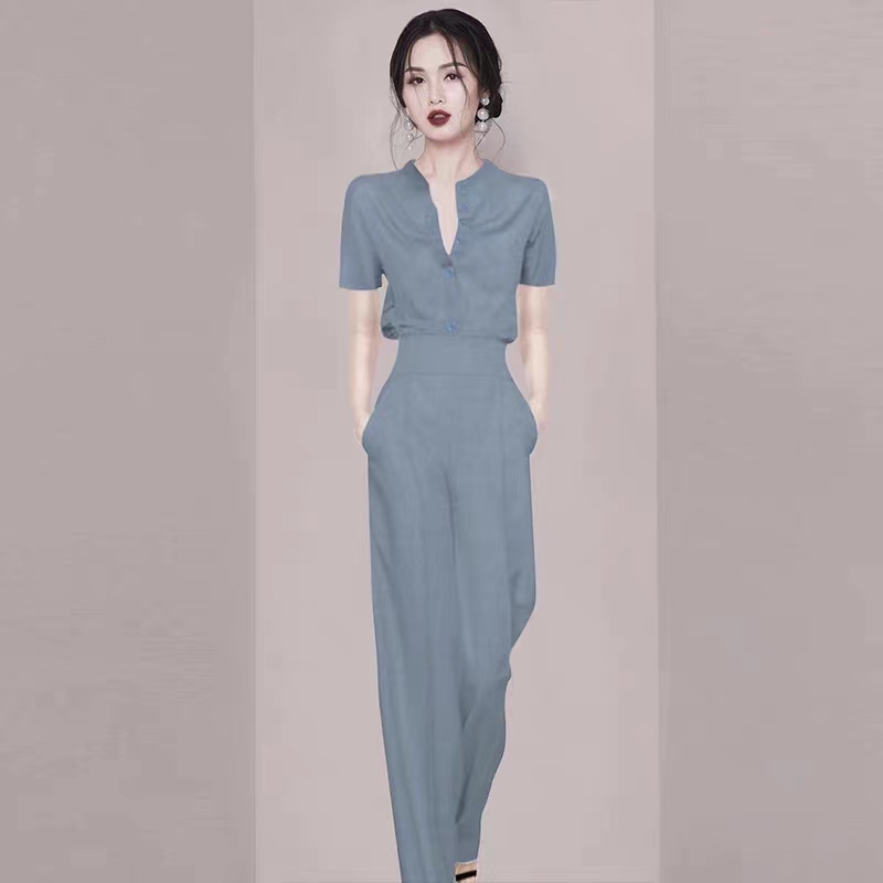2025年夏季新款衬衫垂坠感高腰阔腿裤两件套减龄炸街时尚套装