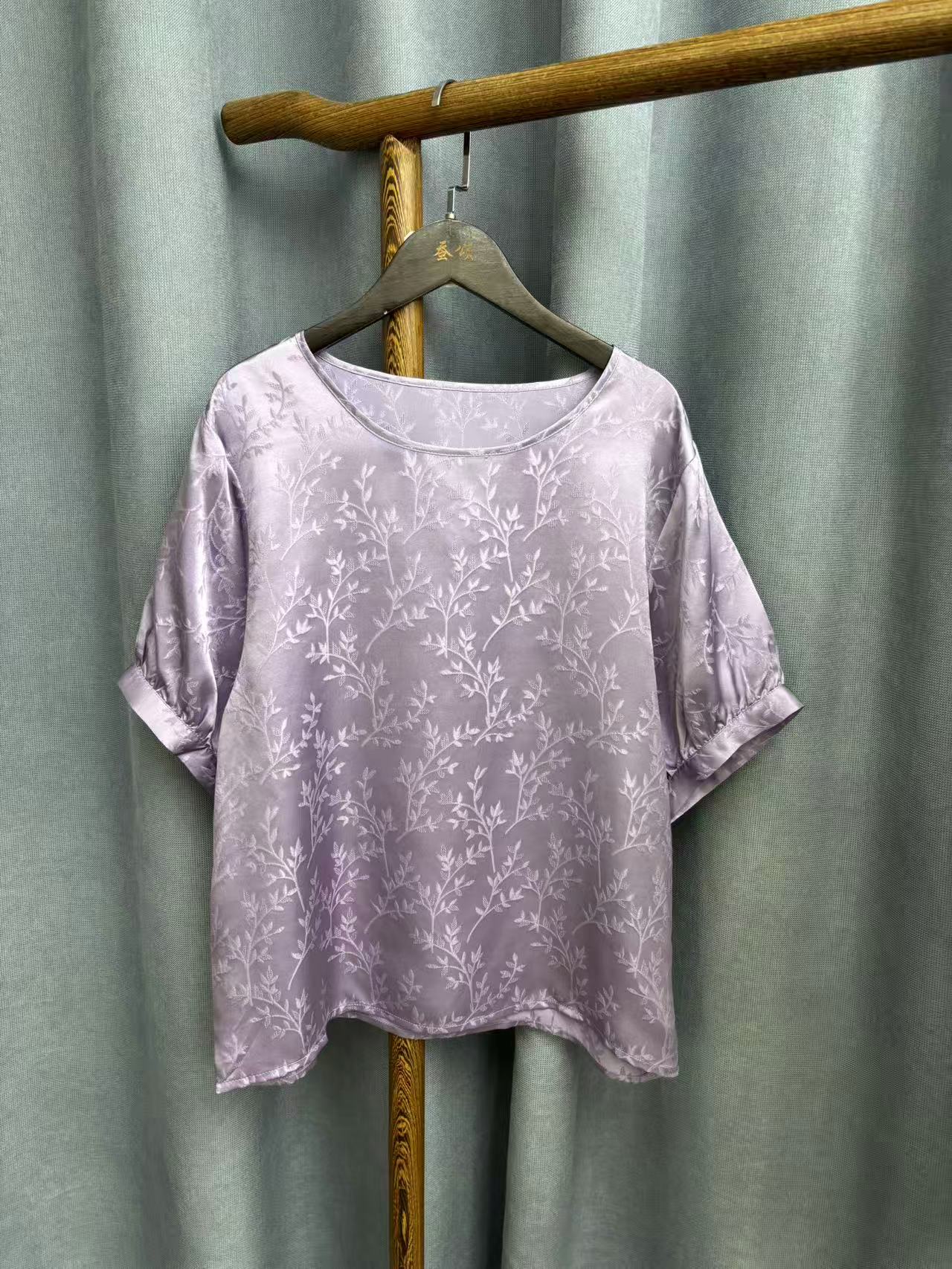 2025夏季新款简约百搭桑蚕丝素绉缎提花T恤短袖女A388