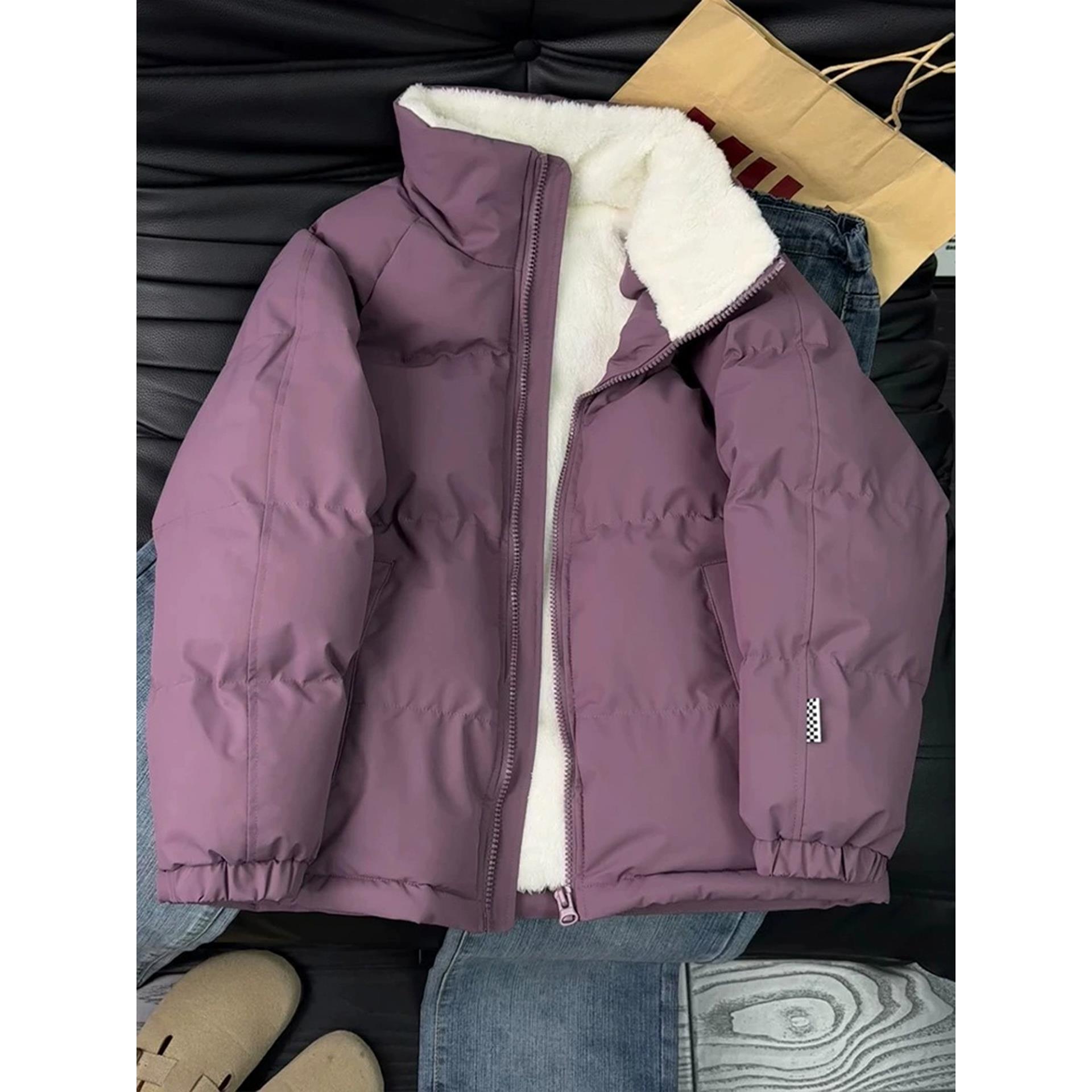 乌梅紫色羊羔绒棉衣外套男款冬季加绒保暖棉服加厚高级感立领棉袄