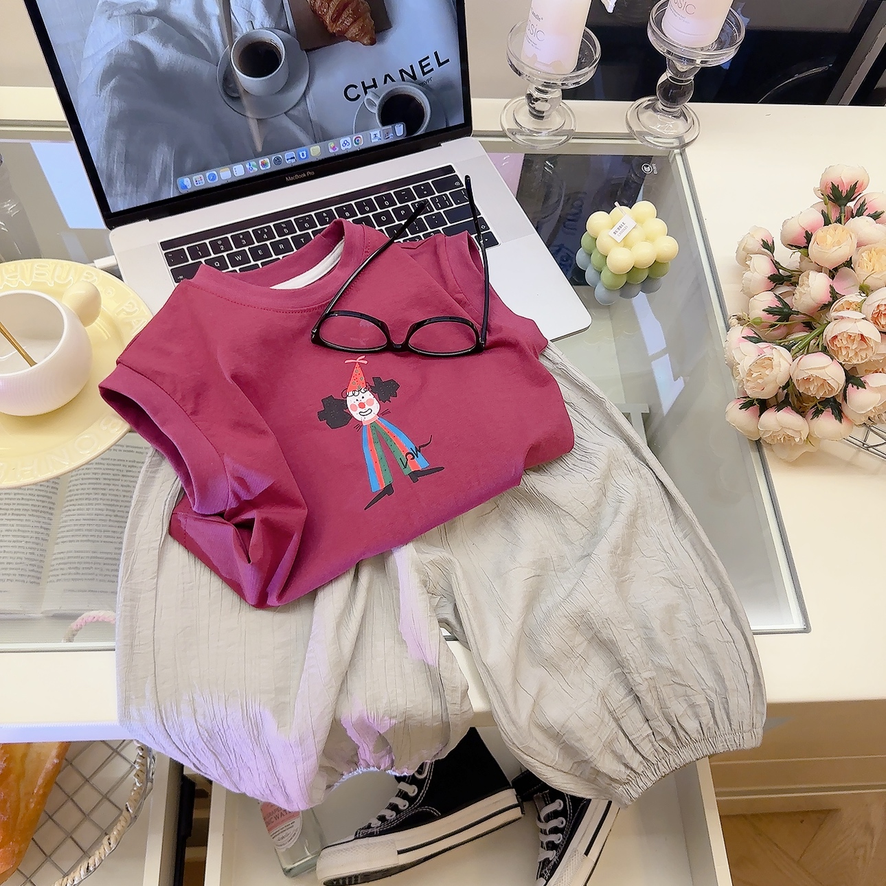 儿童夏季无袖卡通小丑中性休闲风韩版上衣长裤两件套洋气百搭套装