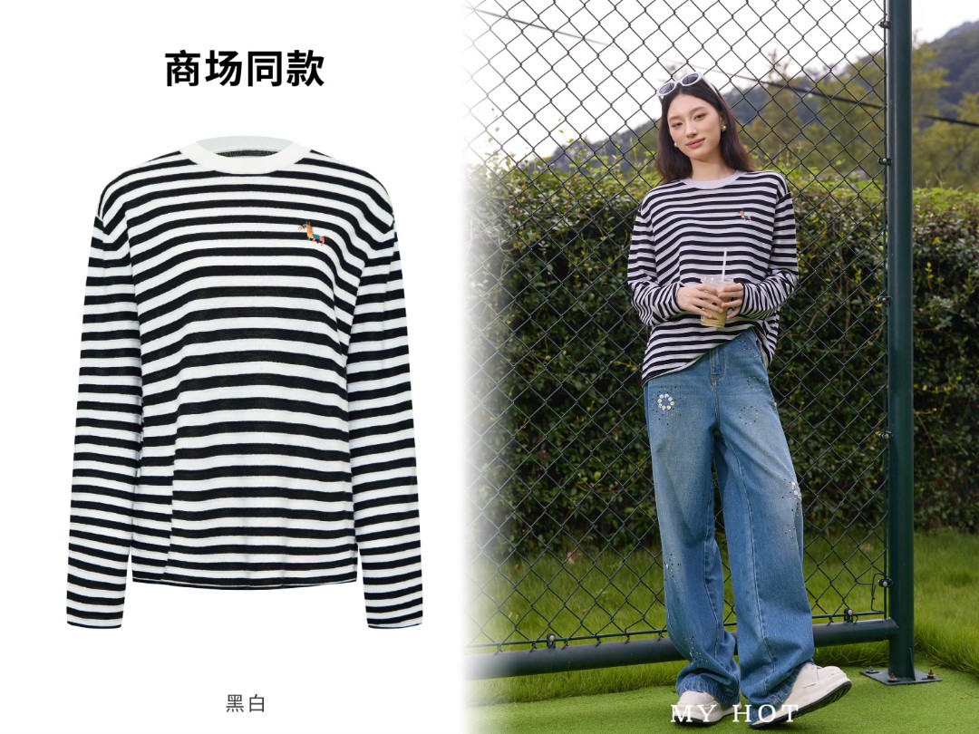 华家曼 针织不褪色常规圆领长袖条纹女冬季含针织衫H733316789