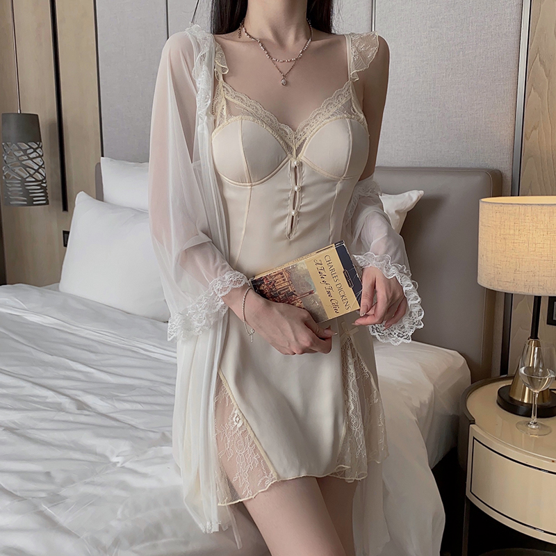 【月光恋人】轻奢缎面拼接蕾丝吊带睡裙带胸垫小胸显大家居服套装