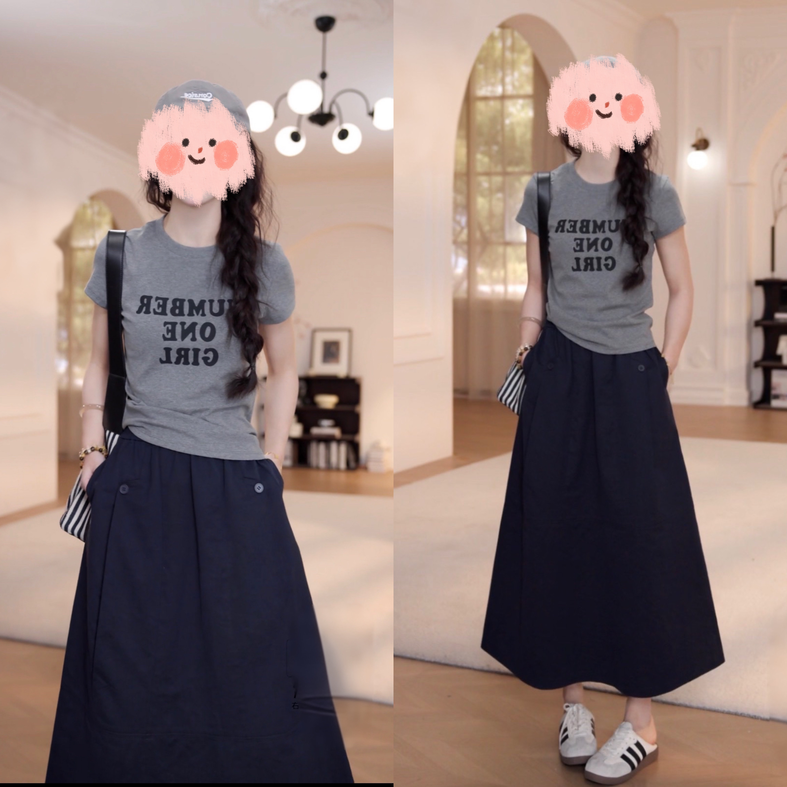 夏季减龄百搭印花T恤时尚气质休闲高腰松紧腰半身裙两件套