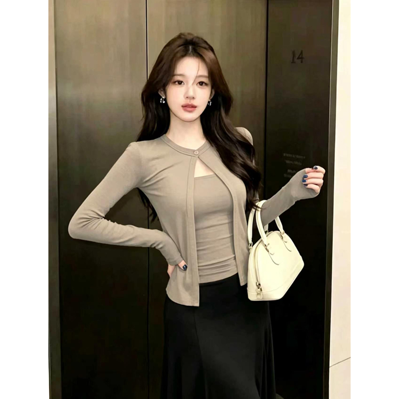 秋季新款设计感开衫假两件长袖上衣女时尚网红百搭小众T桖968
