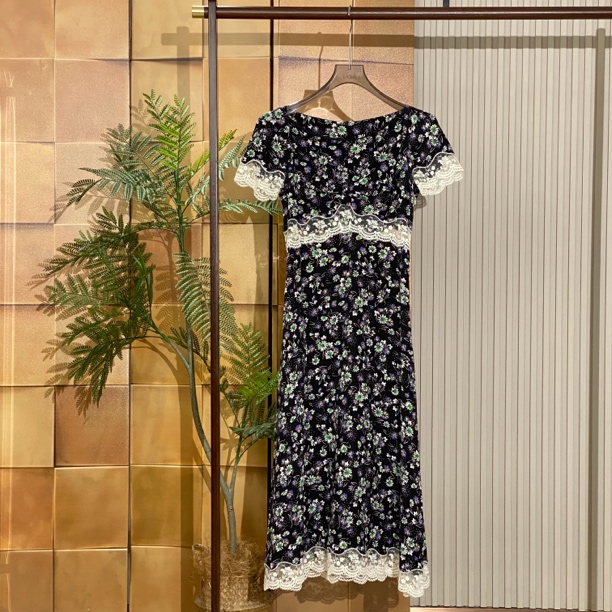 99新 MIU MIU/缪缪 花卉满印蕾丝拼接桑蚕丝连衣裙/36s码/女23178