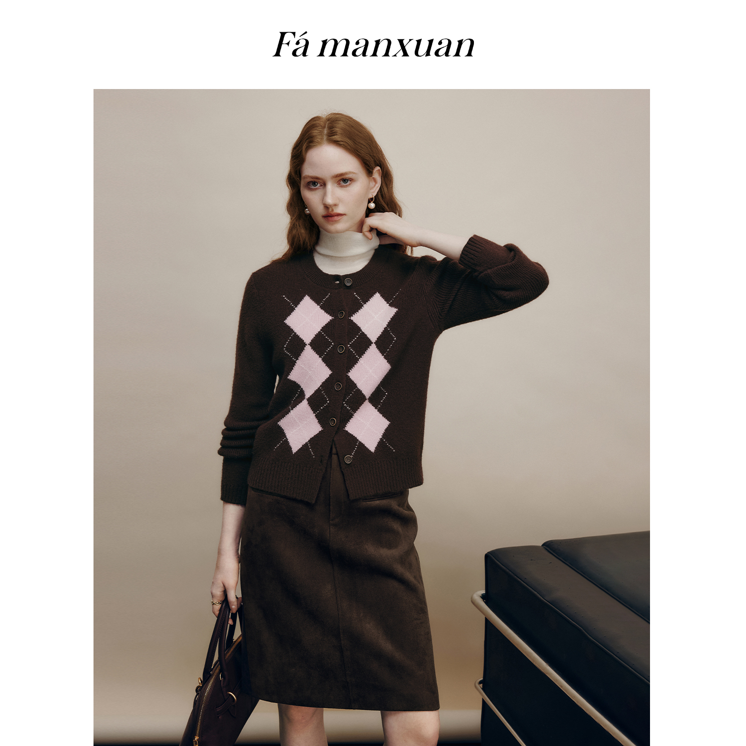 法曼萱复古撞色菱格提花安迪绒针织开衫女2025冬MIU系学院风上衣