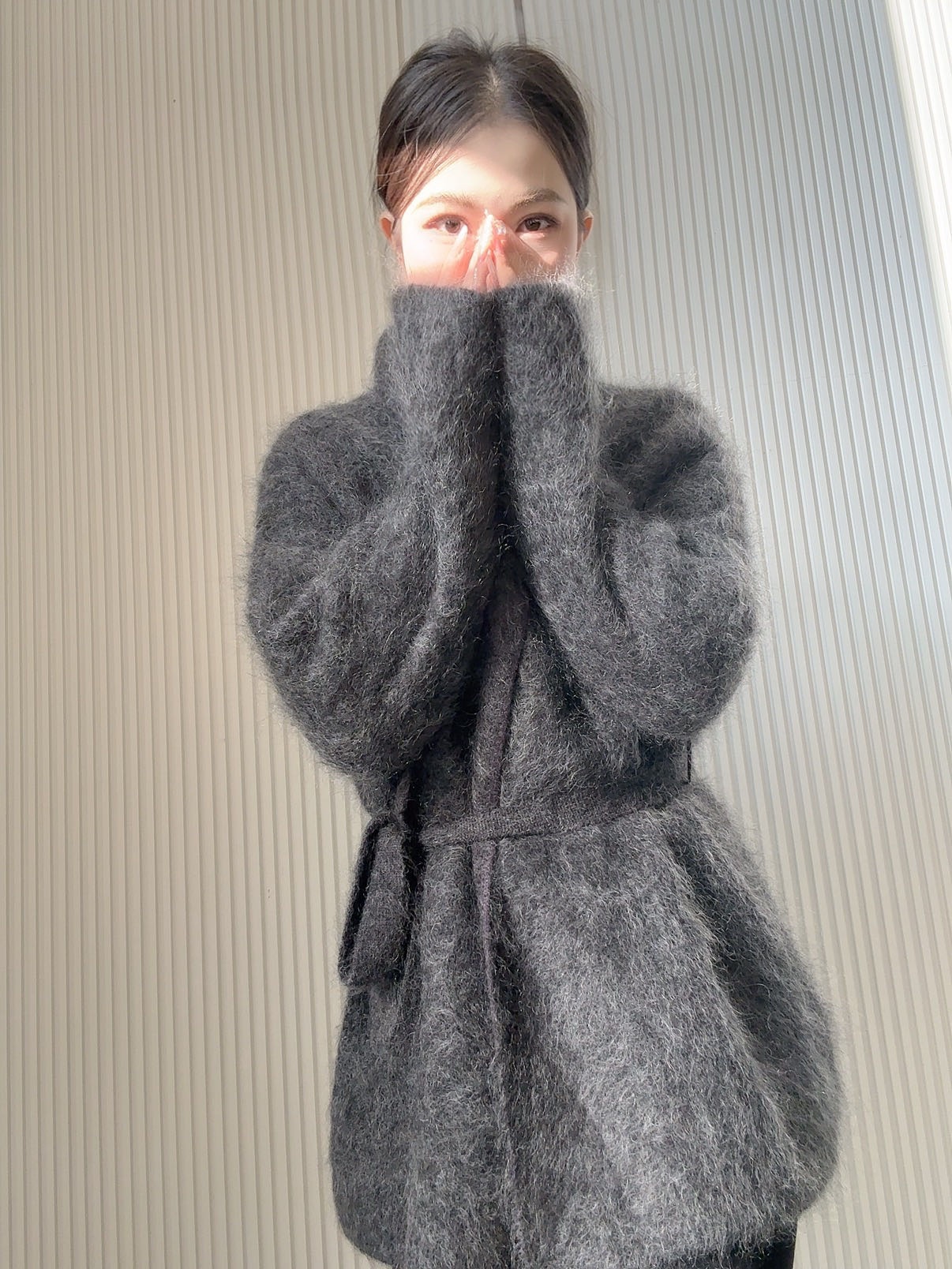 2025秋冬新款纯色中长款翻领时尚百搭马海毛开衫