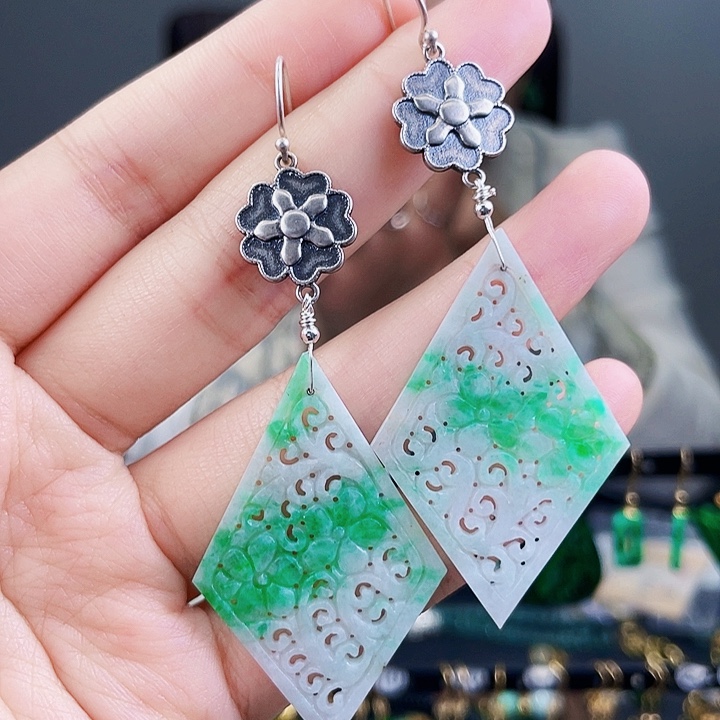 翡翠耳饰银S925镶嵌饰品