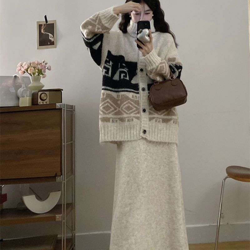 胖颖专属春季新款慵懒风提花撞色高领上衣+半裙时尚套装9650