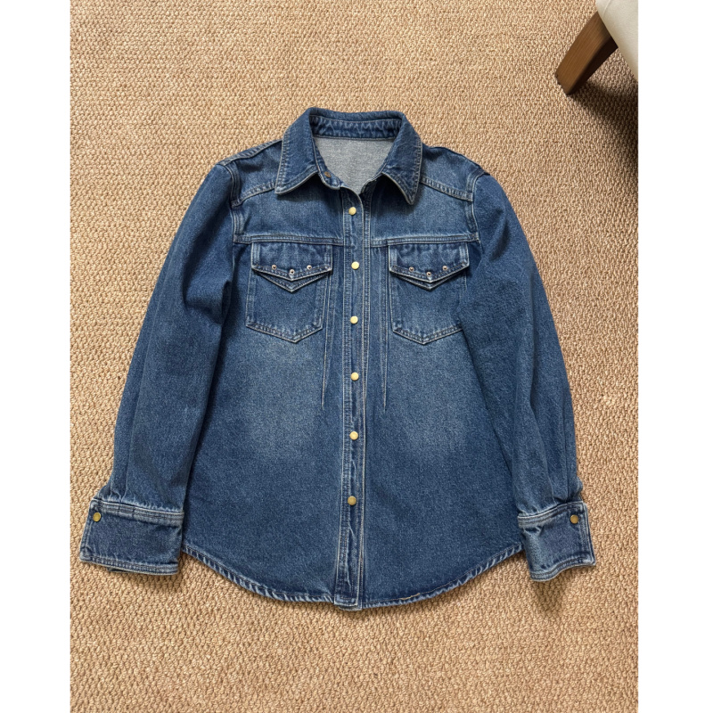 GUOYUAN高品质复古Polo领双口袋排扣做旧水洗加绒牛仔外套 SY8761