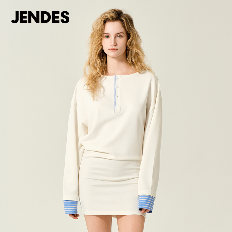 JENDES2025春夏新品女士轻奢时尚气质休闲长袖连衣裙包臀T恤短裙