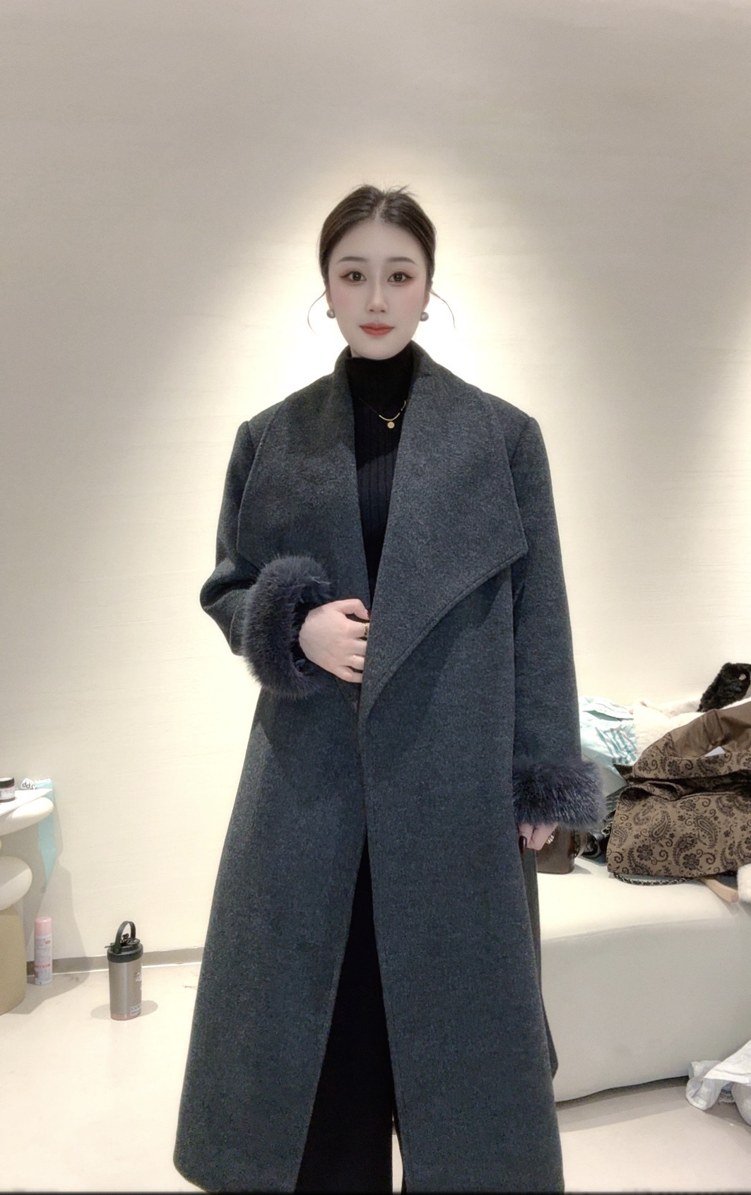 大翻领女毛呢外套韩版长款冬季大衣（2188#)款