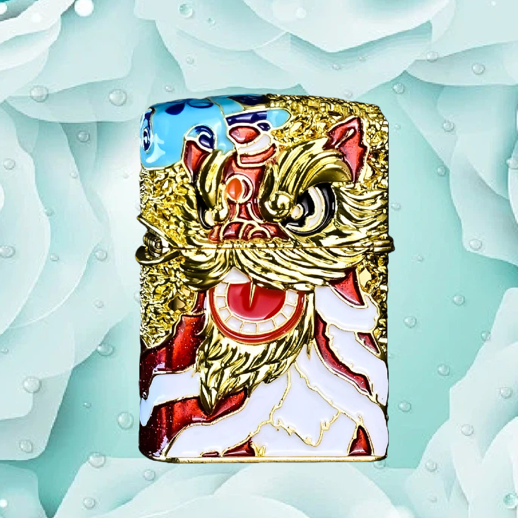 无底刻盔甲珐琅彩醒狮 金 防风打火机送男士无油D