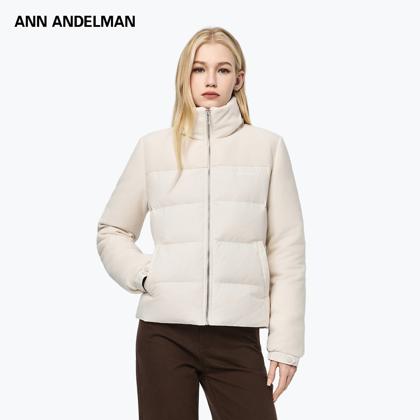 ANN ANDELMAN 25秋冬 时尚设计正肩直筒拼羊羔绒羽绒服