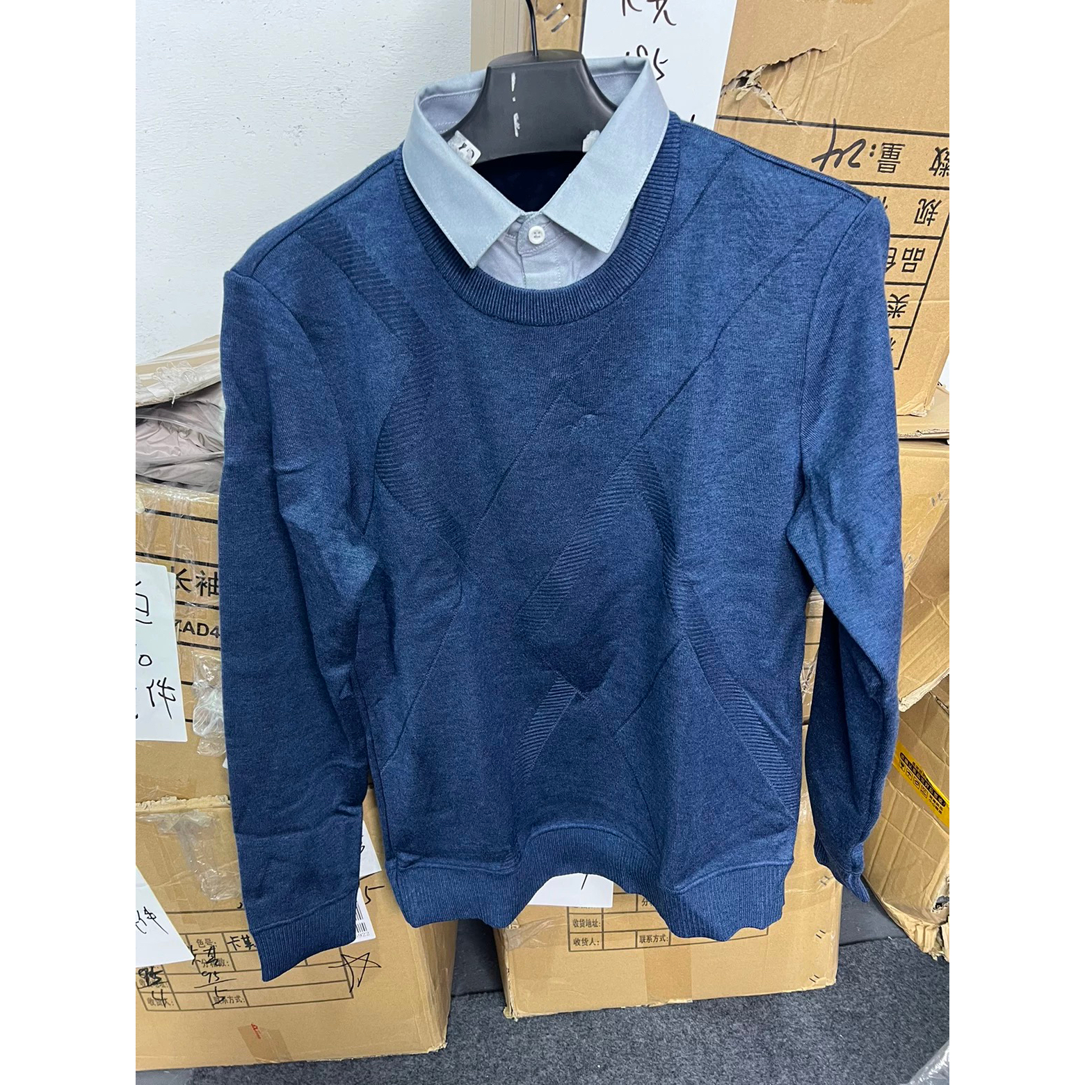 8523海剪标撤柜加绒加厚假两件深蓝色藏青毛衣针织衫宝宝绒男士
