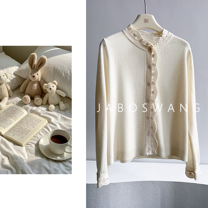 S1808法式月光羊毛衬衫奶油风手工钩花蕾丝边开衫毛衣女复古