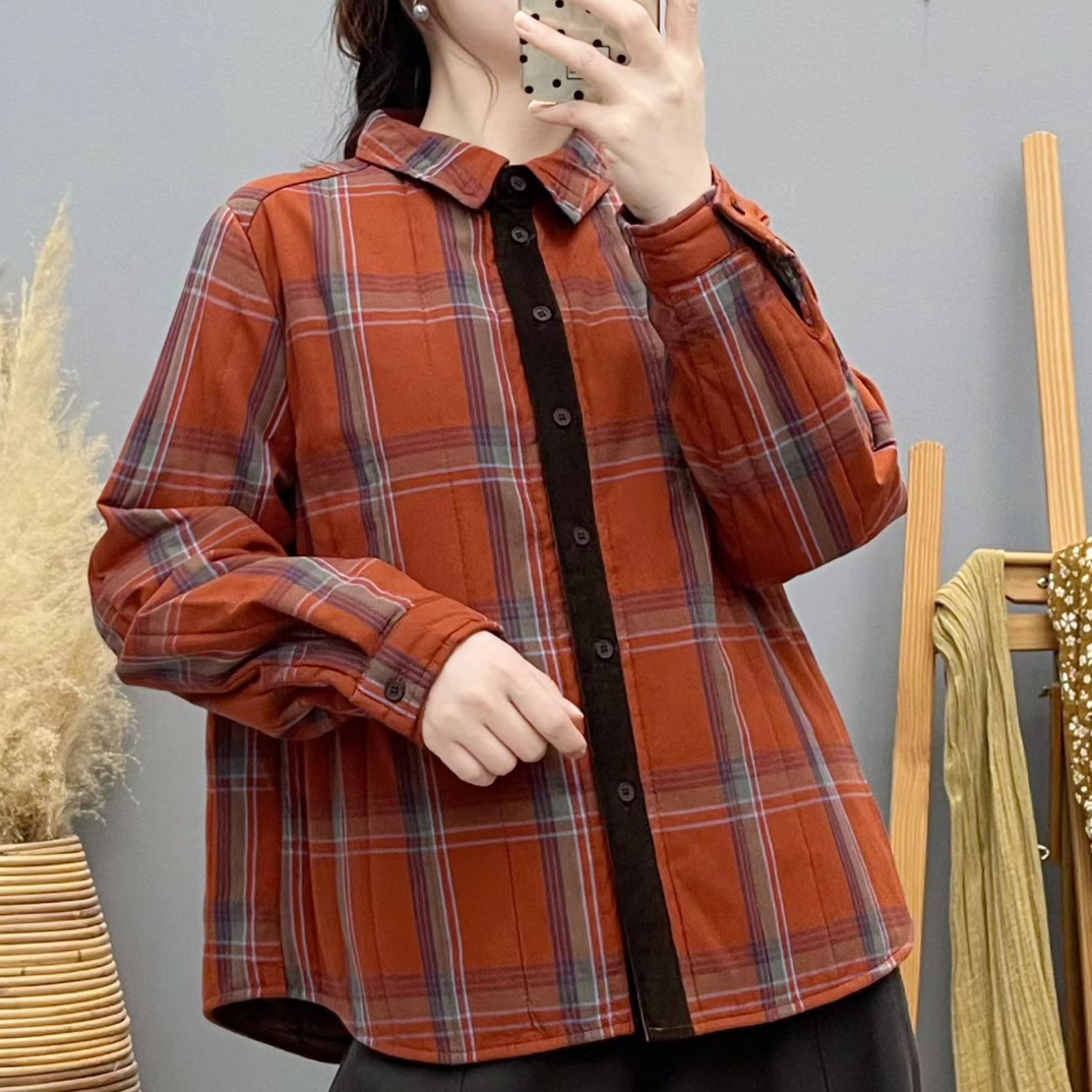 2025秋冬夹棉加厚格子衬衫棉服女韩版宽松复古文艺加棉保暖外套潮