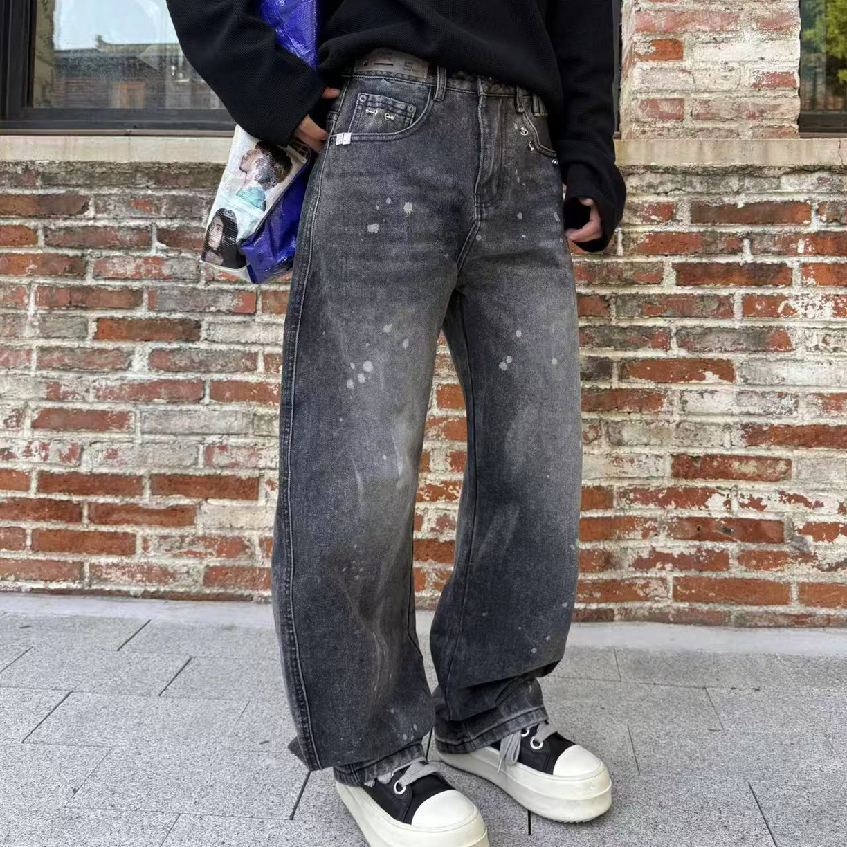 潮牌美式泼墨牛仔裤复古做旧弯刀裤