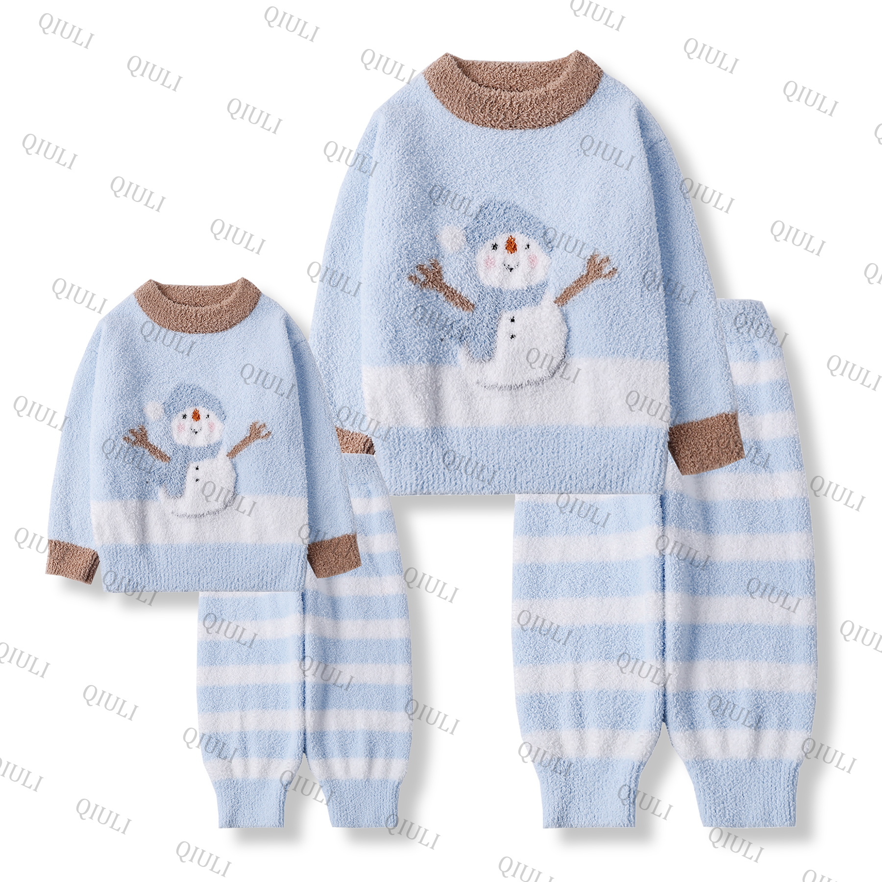 [QIULI]2025新款半边绒‘海盐雪人’冬款保暖居家时尚亲子家居套装
