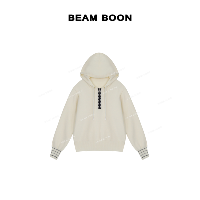 【冬日温斯顿】进口超细纱几何提花撞色肌理抽绳拉链连帽针织衫