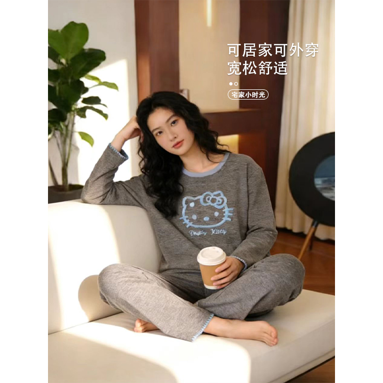 冬季加厚睡衣女新款爆款长袖长裤可外穿家居服套装（雾灰kitty猫）