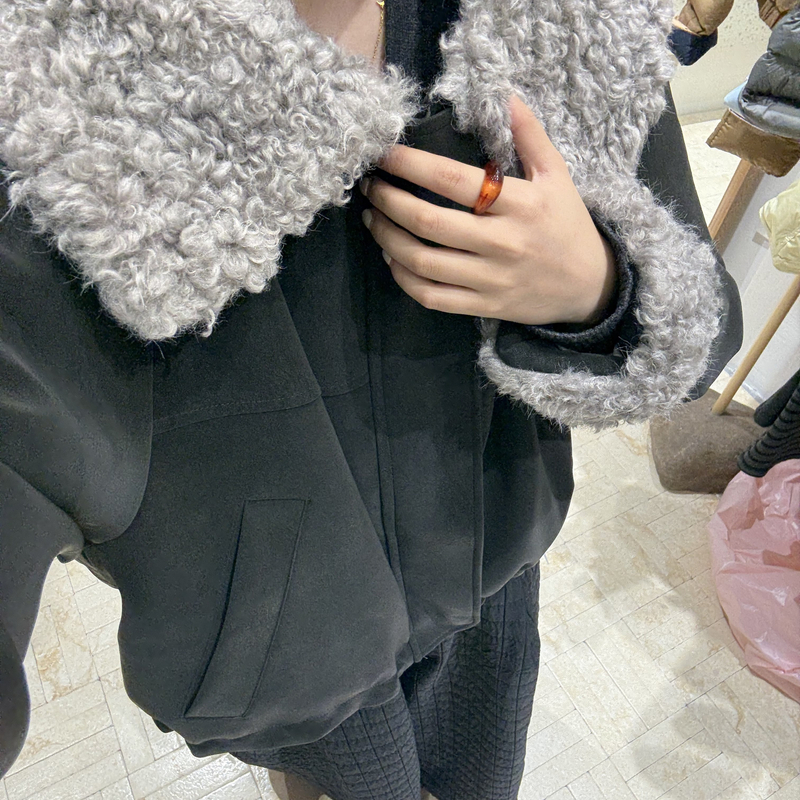 韩版秋冬设计感羊卷毛大翻领拉链百搭羽绒服皮衣短外套女2259916