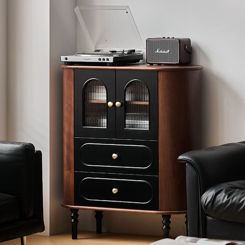 法式复古斗柜实木客厅卧室收纳储物柜黑色线条纹边柜轻奢沙发柜