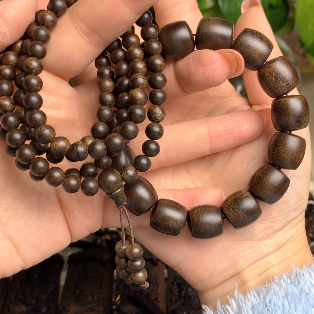 沉香手串流**球14白棋老料桶珠+紫棋08×108