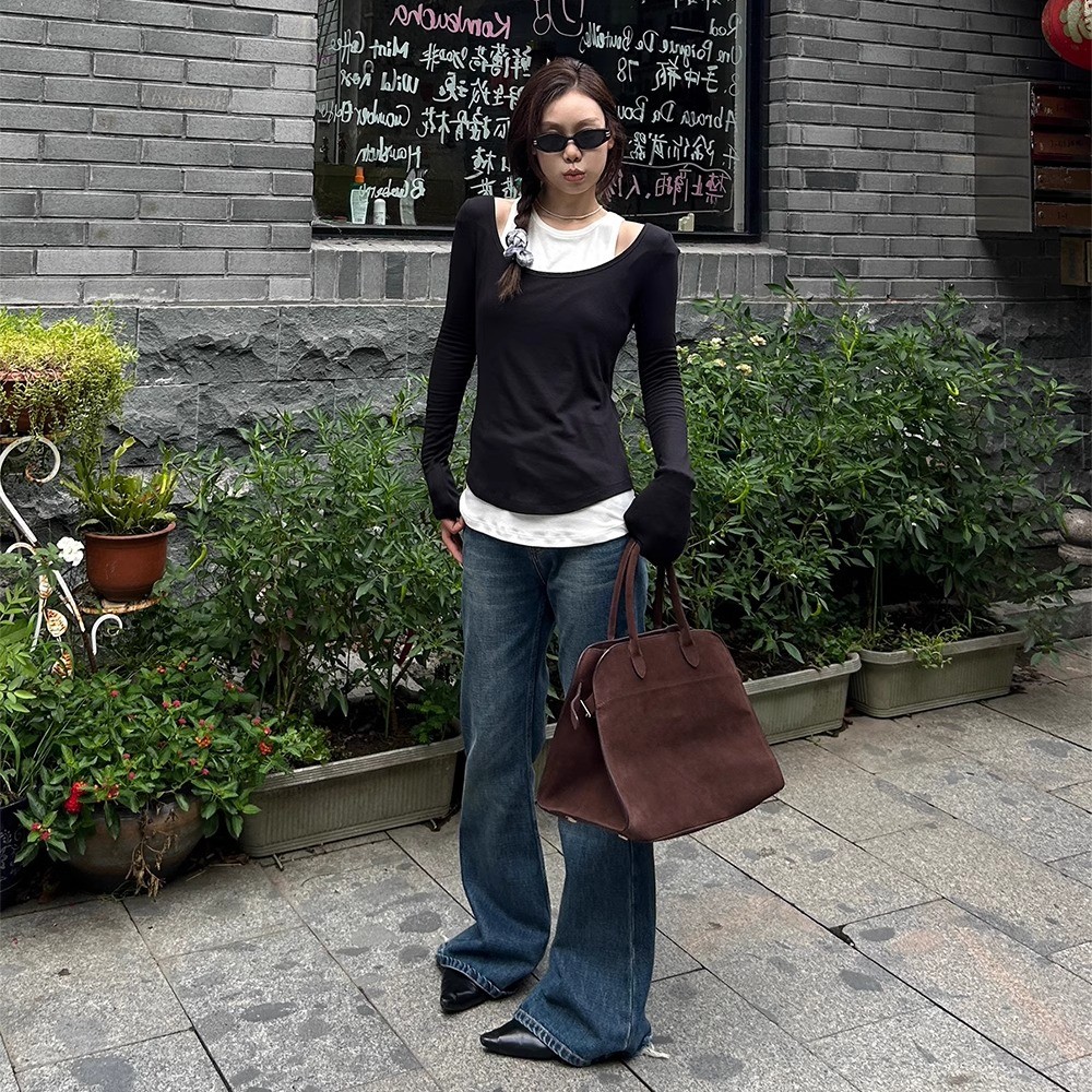 D YANGJUN 【年中福利】u型假两件修身长袖T恤打底衫独特别致上衣