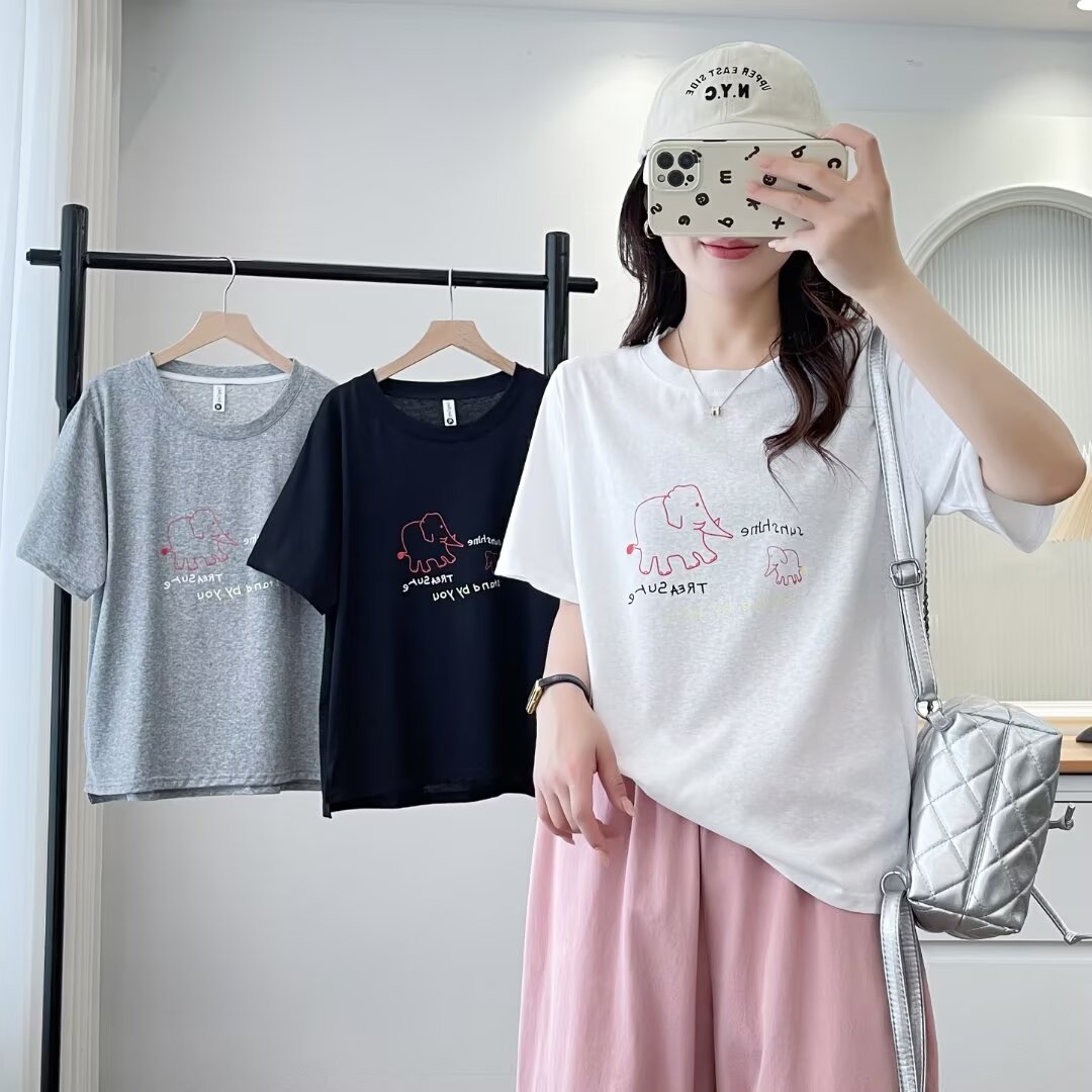 大码微胖夏线条小象印花短袖设计感百搭T恤显瘦半袖卡通宽松减龄