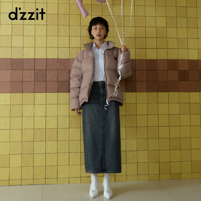 dzzit地素半身裙丹宁风后开叉设计深蓝色直筒牛仔裙长裙女3I4RI03