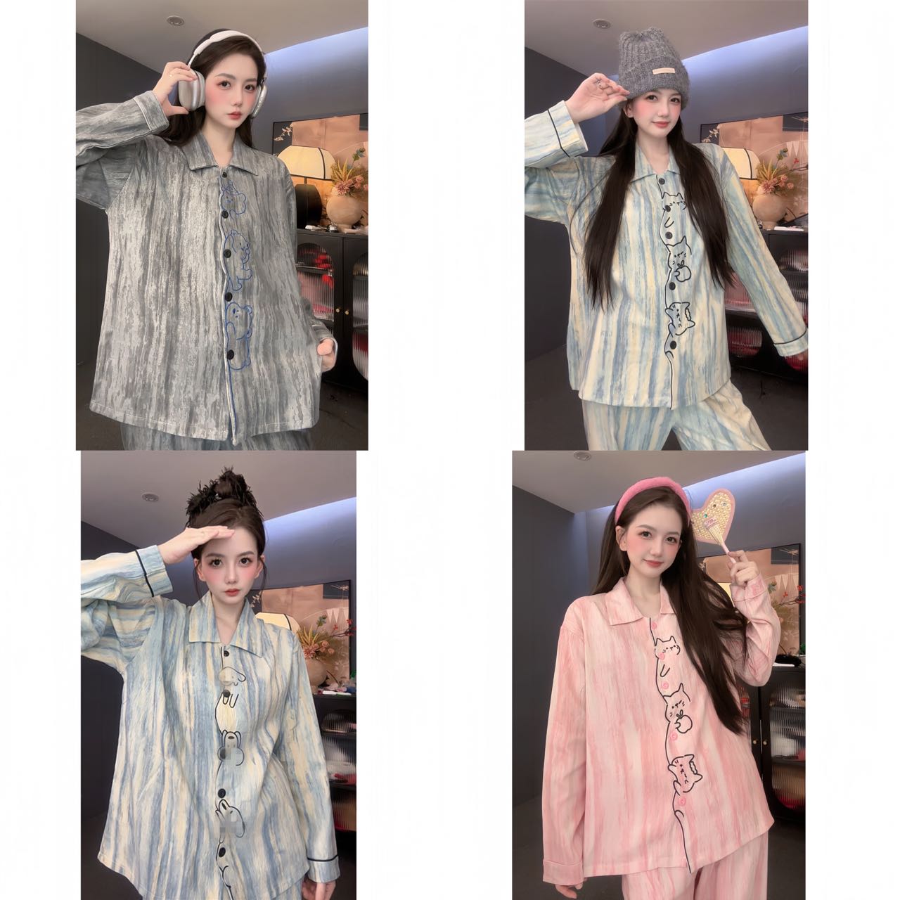 【派对系列】原创卡通小翻领长袖长裤睡衣女春秋云朵棉可外穿家居服