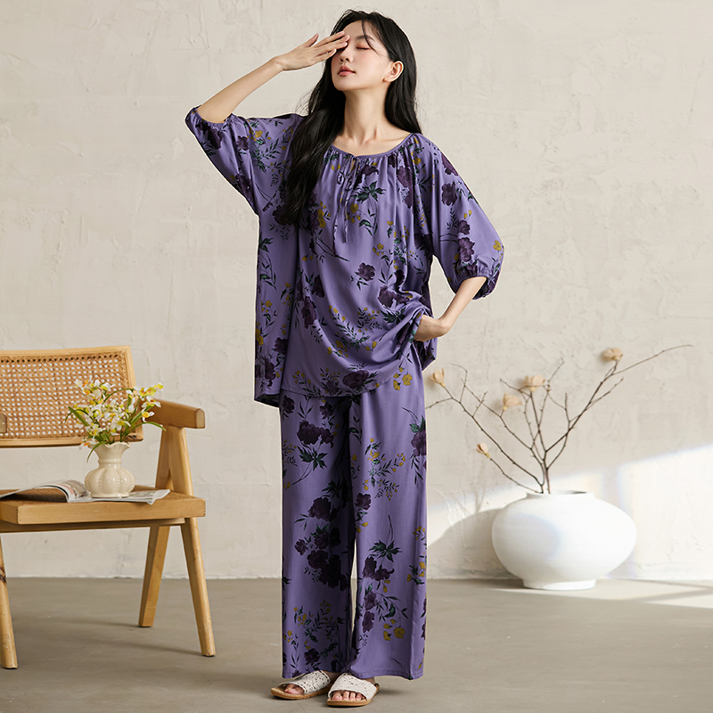 夏季新款女士棉绸套装夏季新款宽松大版慵懒风家居服空调服可外穿