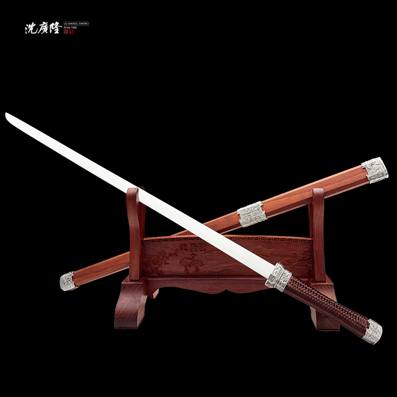 龙泉沈广隆-红木断玉刀 镜面 花纹钢 宝剑 未开刃