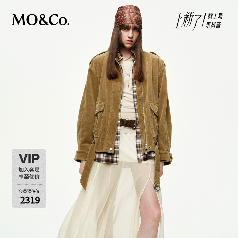MOCO夹克2025秋新品灯芯绒工装外套波嬉风立领附腰带MBE3JKTT06
