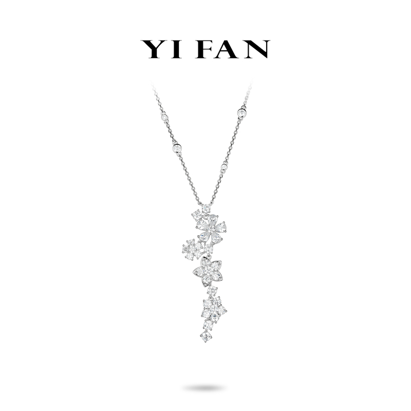 坠链均925银合成锆石 20586-白色满钻五瓣花豪镶百搭项链