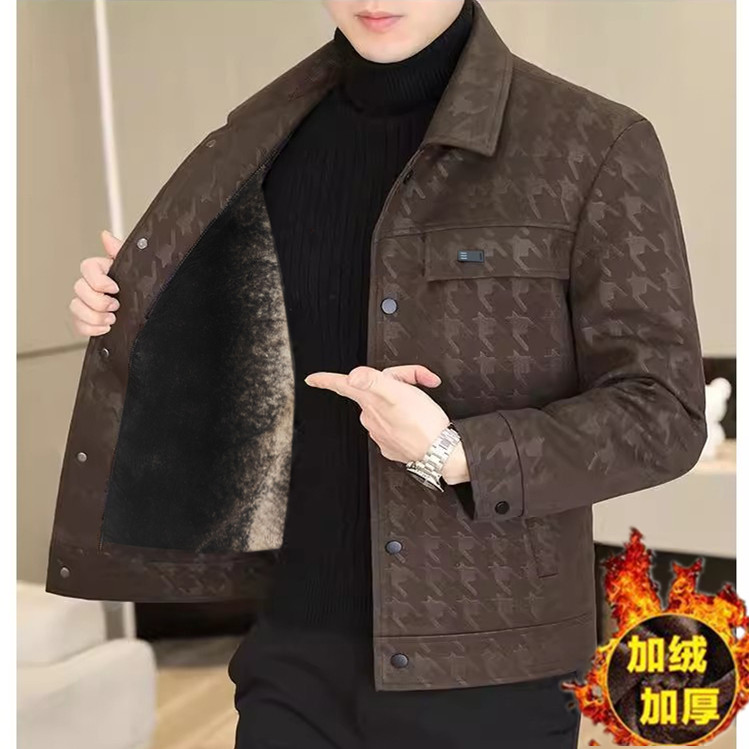 千鸟格冬季加绒加厚皮衣男外套翻领时尚潮流韩版帅气保暖休闲短款