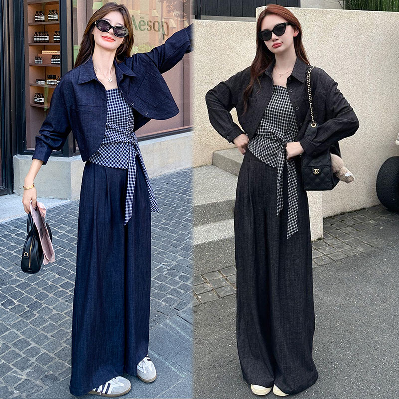 【送运费险】秋季新款女韩版时尚百搭格子吊带阔腿裤三件套套装潮