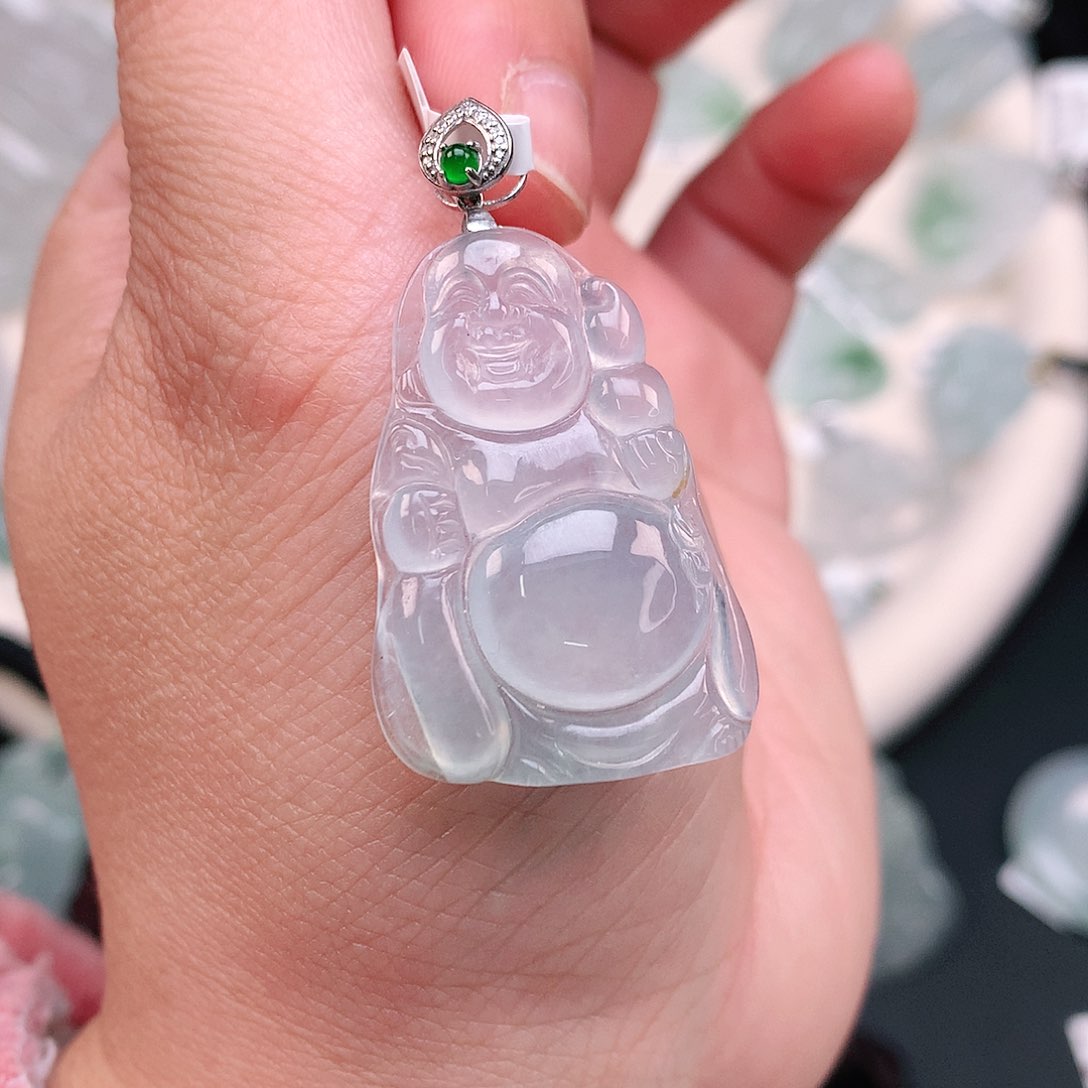 翡翠颈饰18K金镶嵌高冰布袋佛