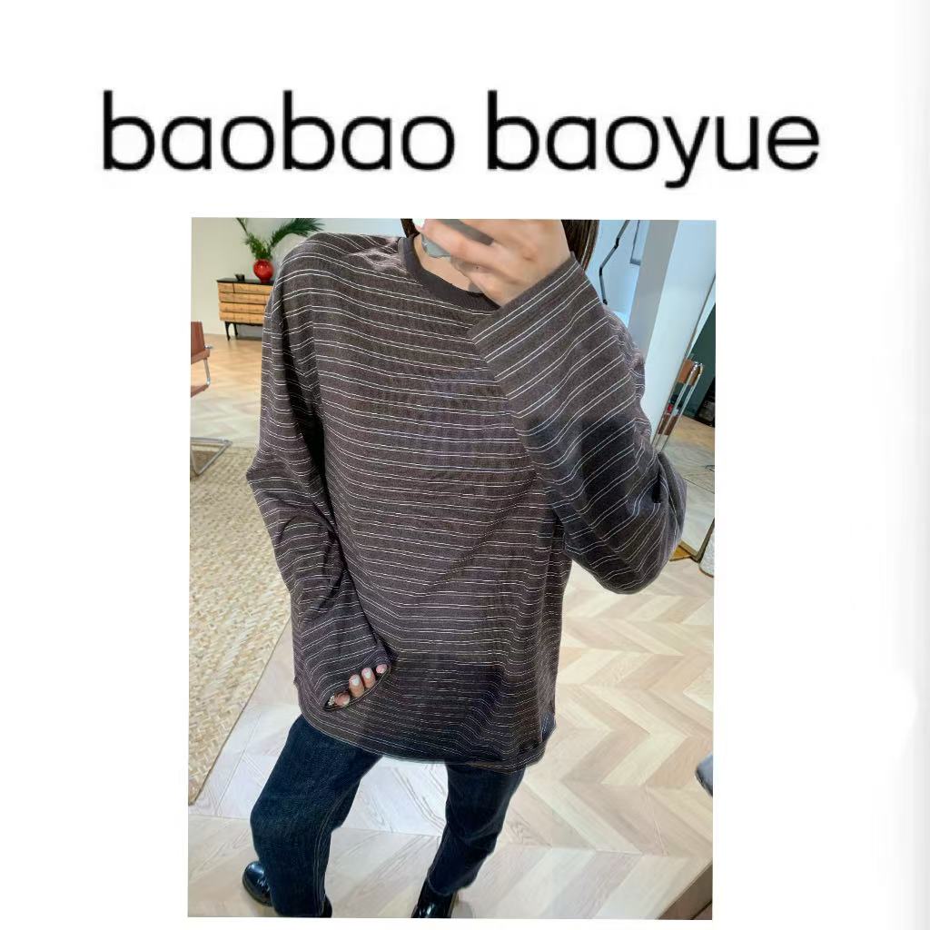 【baobao baoyue】复古撞色纯棉条纹长袖秋季慵懒休闲内搭SW72718
