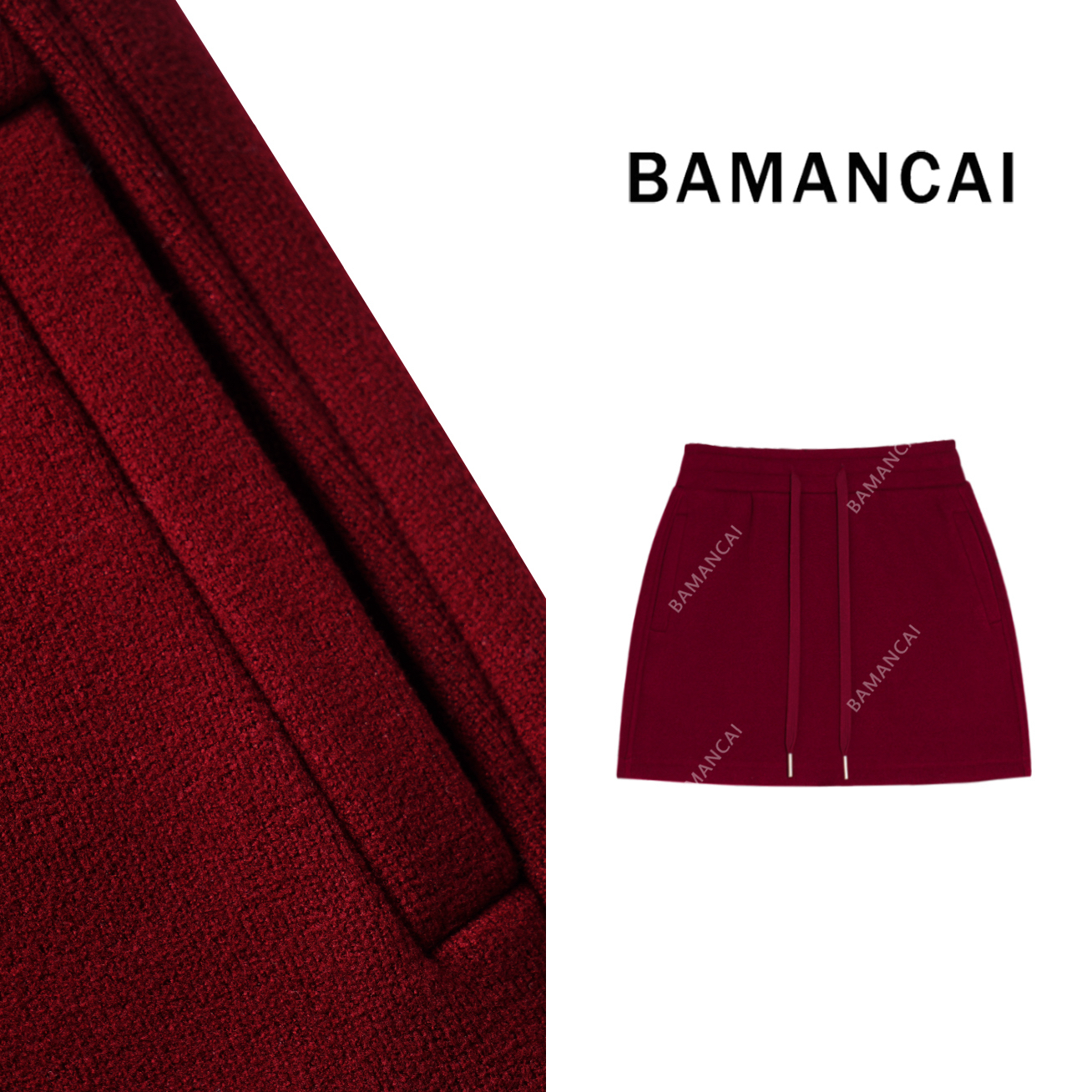 Bamancai-设计感安可拉红抽绳松紧腰高腰短款百搭A字加绒半身裙