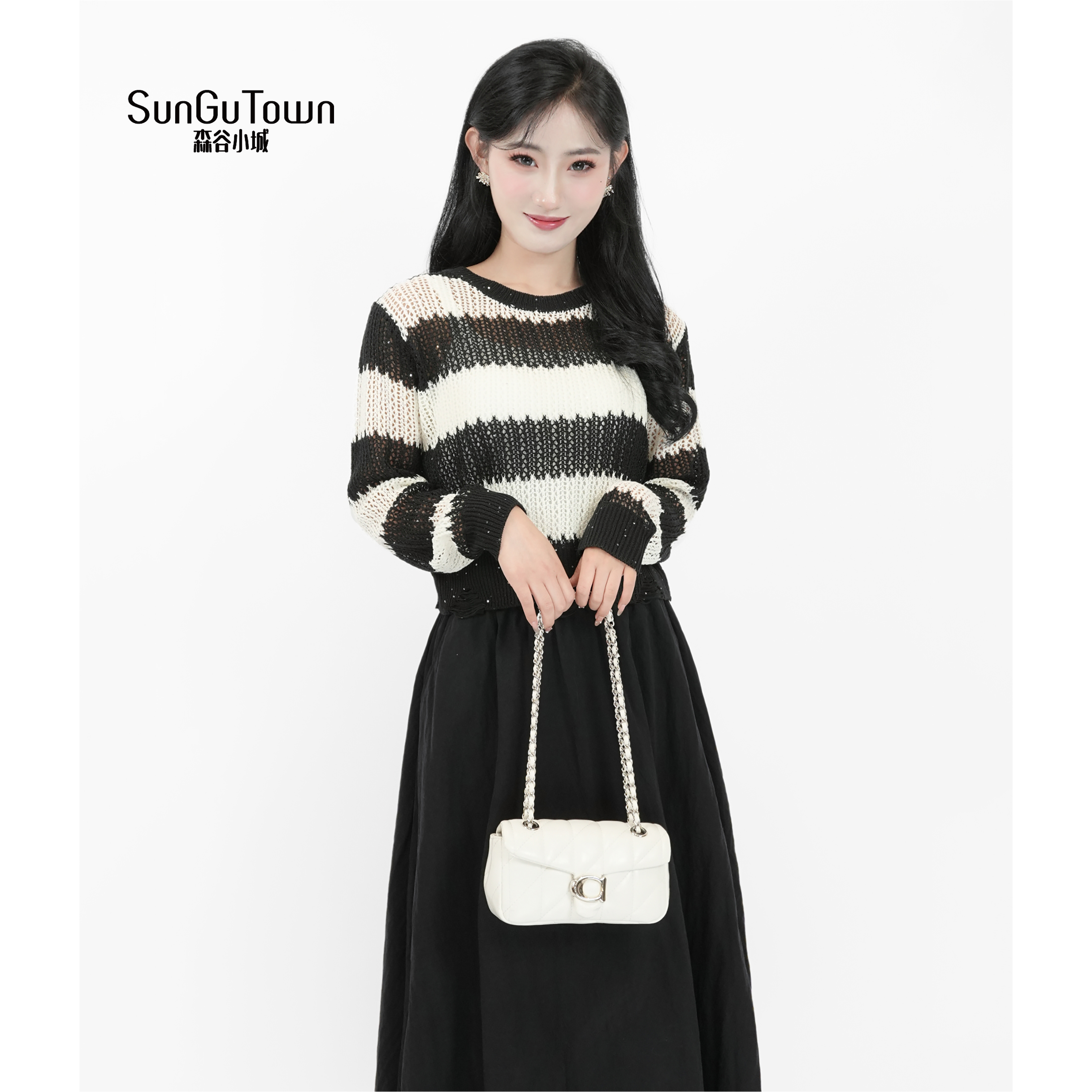 森谷小城秋季气质百搭条纹镂空圆领针织衫5BZQ-M68113