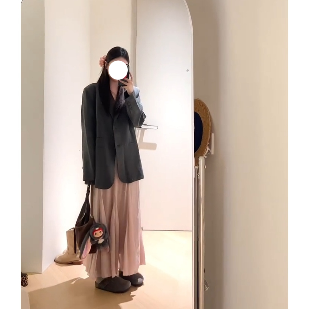 法式秋季新款灰色长袖西装外套女高级感气质收腰吊带连衣裙子套装