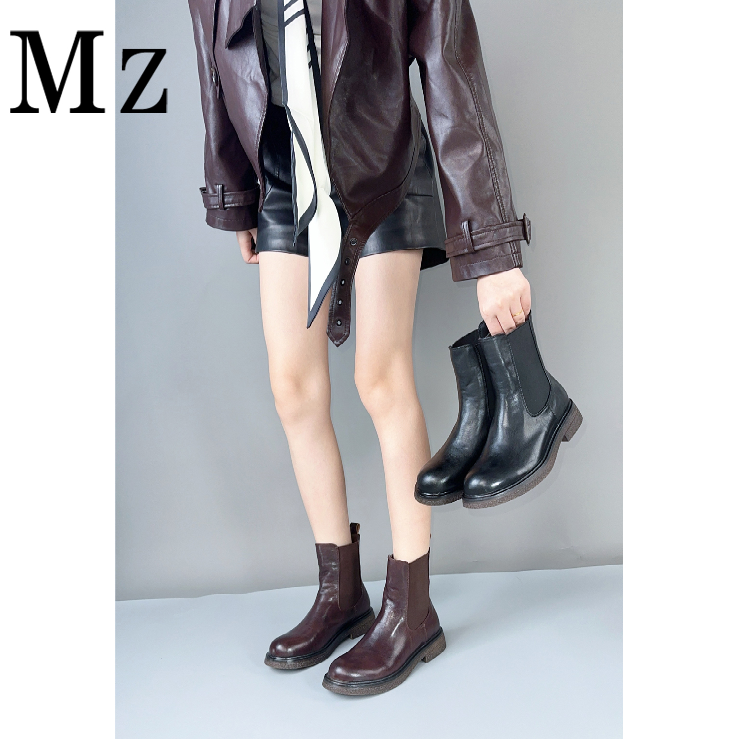 Mr.Zheng/3.5cm/复古厚底圆头切尔西短靴秋冬新款套筒休闲女靴