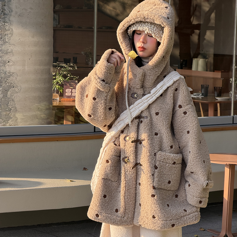 冷大娘刺绣波点毛毛外套连帽毛绒保暖百搭宽松厚上衣亲