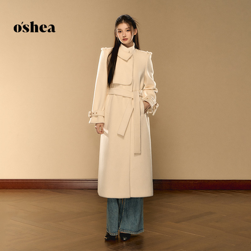 oshea【官方专享】帅气风衣式毛呢外套2025冬季长款过膝呢子大衣
