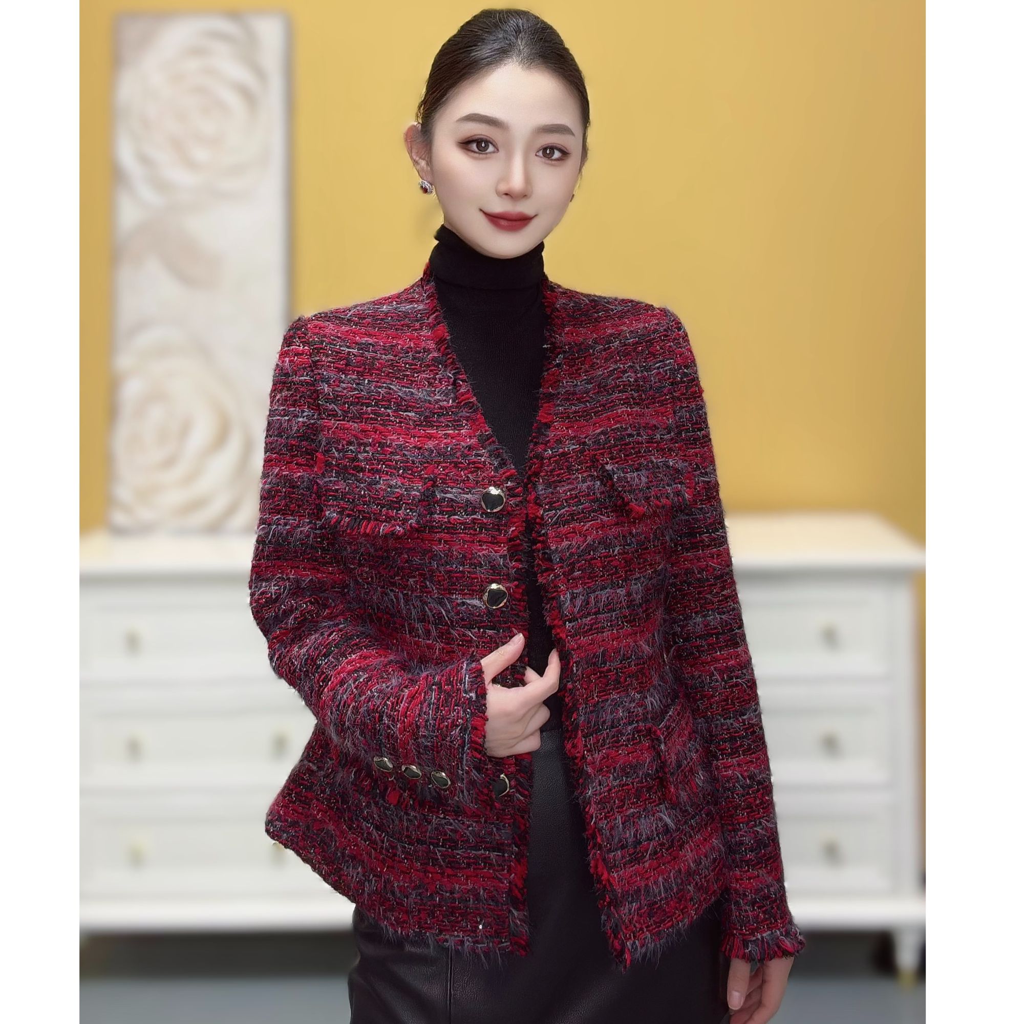 剀剀莉（热红酒）秋冬新款酒红色羊毛混纺修身V领小香风外套5-20°