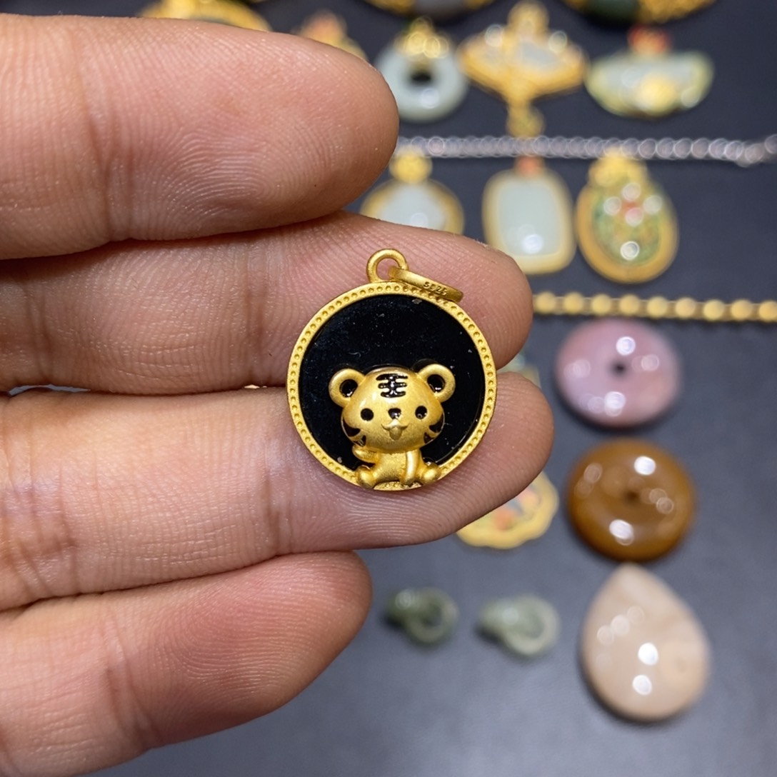 和田玉颈饰银S925镀金镶嵌